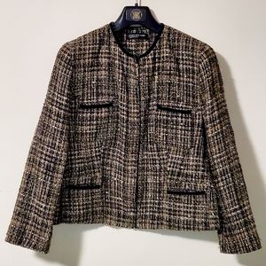Jones New York plaid tweed collarless blazer